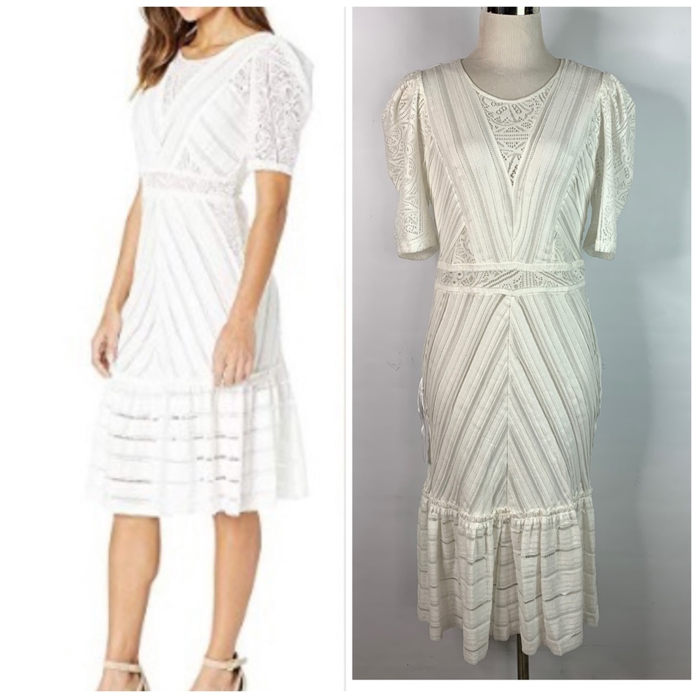 BCBGMaxAzria Ivory Midi Lace Trim Ruffle Hem Dress